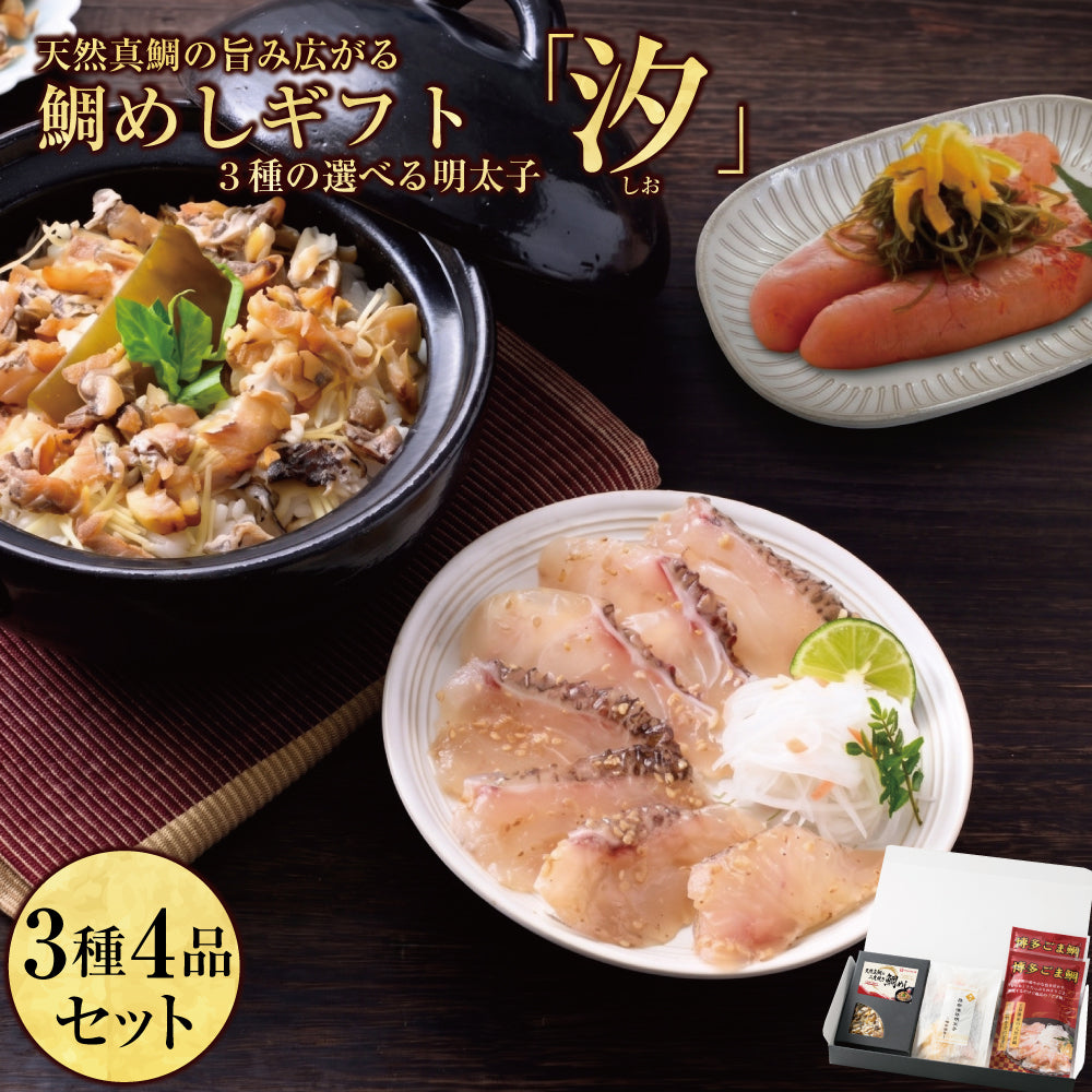 汐(しお)セット / ごま鯛85g×2 & 天然真鯛の二度焼き鯛めし2合用 & 選べる明太子