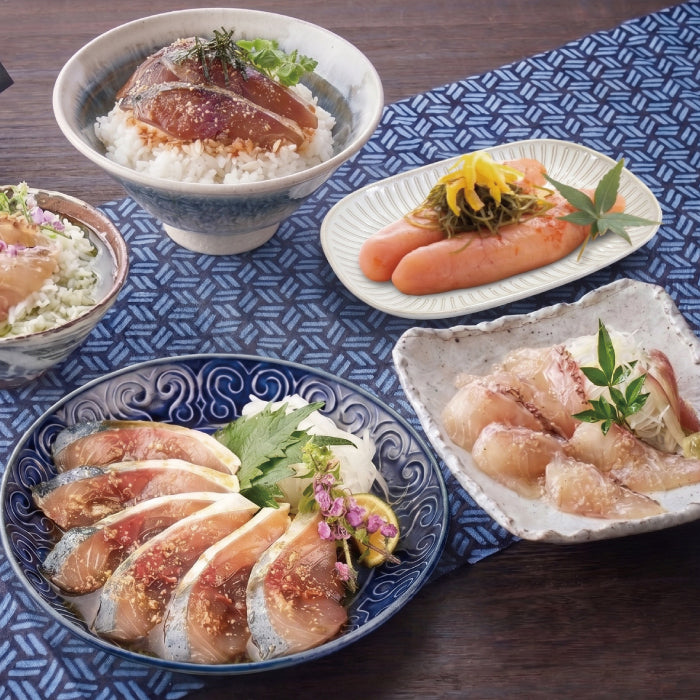 雅（みやび）セット / ごま鯖100g×2 ＆ ごま鯛85g×2 ＆ 八女だし茶5g×1 ＆ 選べる明太子×1
