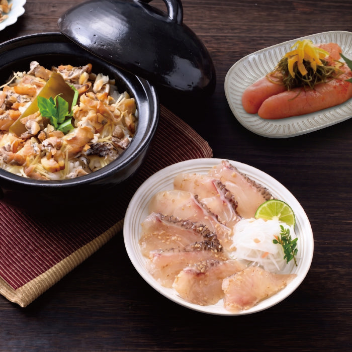 汐（しお）セット / ごま鯛85g×2 ＆ 天然真鯛の二度焼き鯛めし２合用 ＆ 選べる明太子